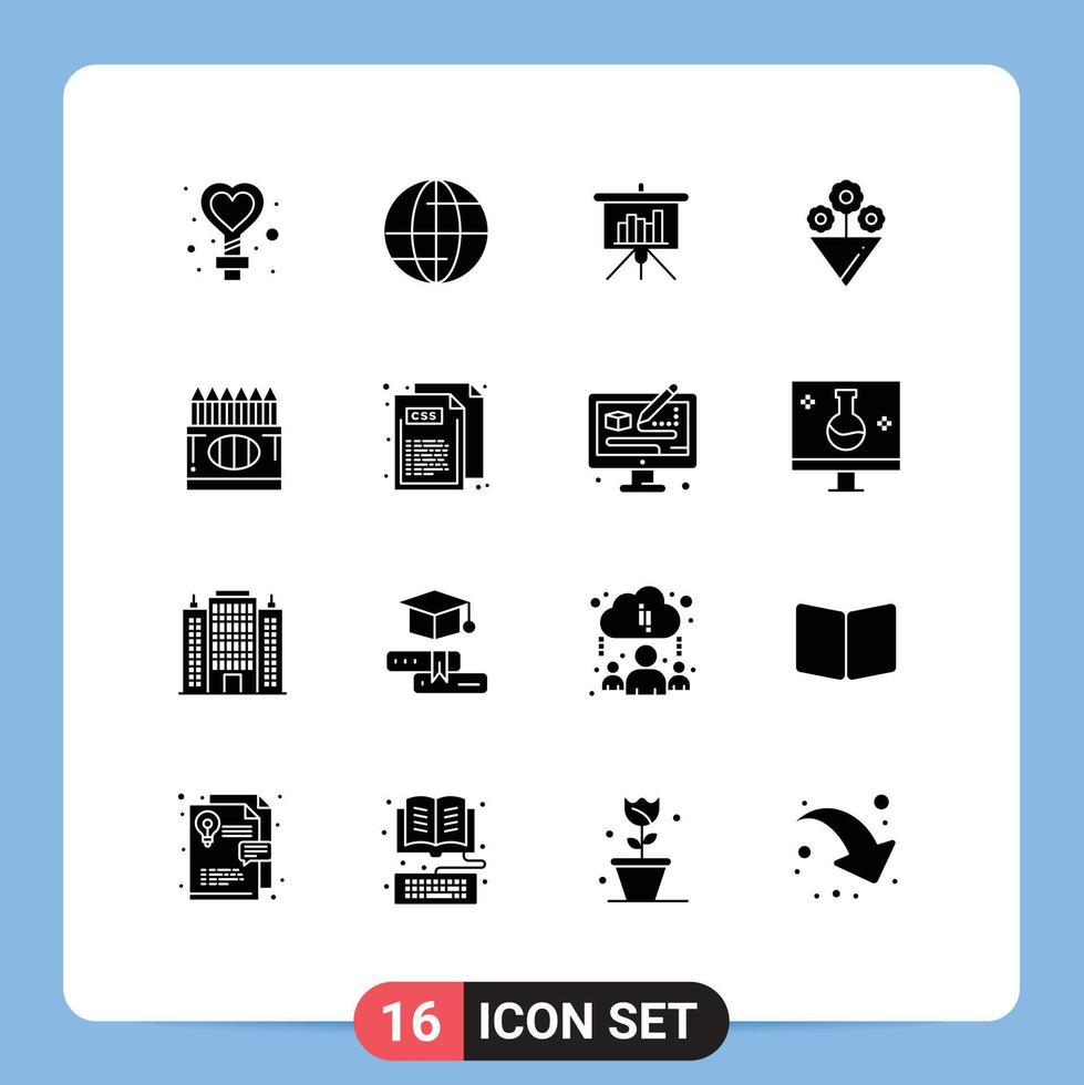Set of 16 Commercial Solid Glyphs pack for education crayon blackboard color gift Editable Vector Design Elements