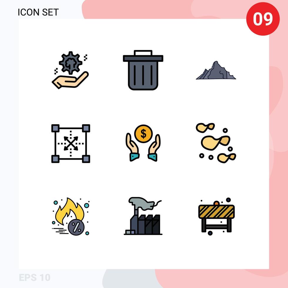 9 Thematic Vector Filledline Flat Colors and Editable Symbols of finance insurance shape nature programing design Editable Vector Design Elements