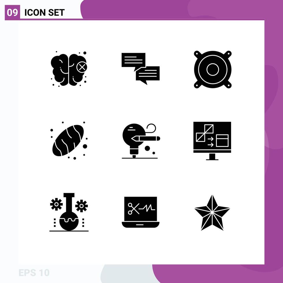 Group of 9 Modern Solid Glyphs Set for computer app speaker education bulb Editable Vector Design Elements