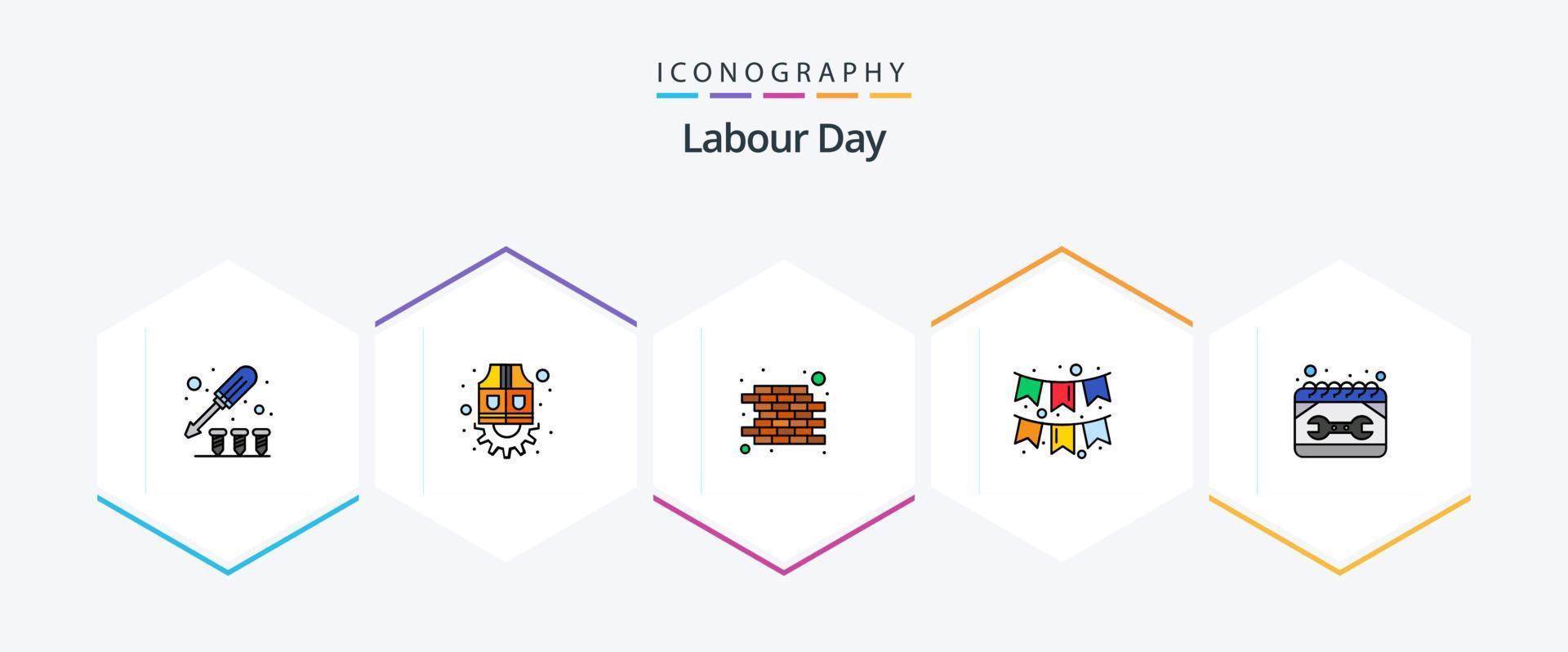 paquete de iconos de línea completa del día del trabajo 25 que incluye mantenimiento. calendario. ladrillo. guirnaldas decoración vector