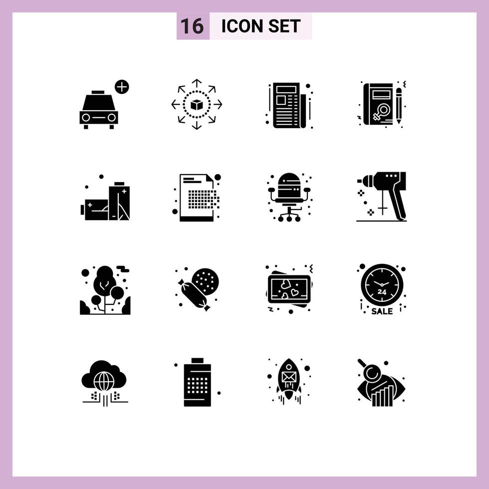 Solid Glyph Pack of 16 Universal Symbols of pollution batteries news learning profile Editable Vector Design Elements