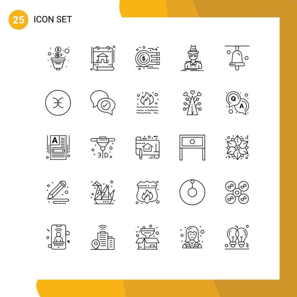 25 Thematic Vector Lines and Editable Symbols of bell spy currency incognito detective Editable Vector Design Elements