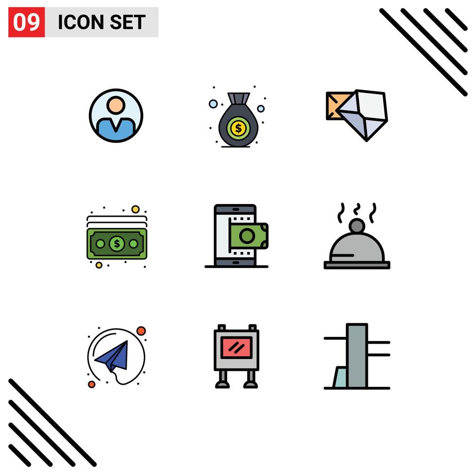 Filledline Flat Color Pack of 9 Universal Symbols of shop mobile mail payment dollar Editable Vector Design Elements