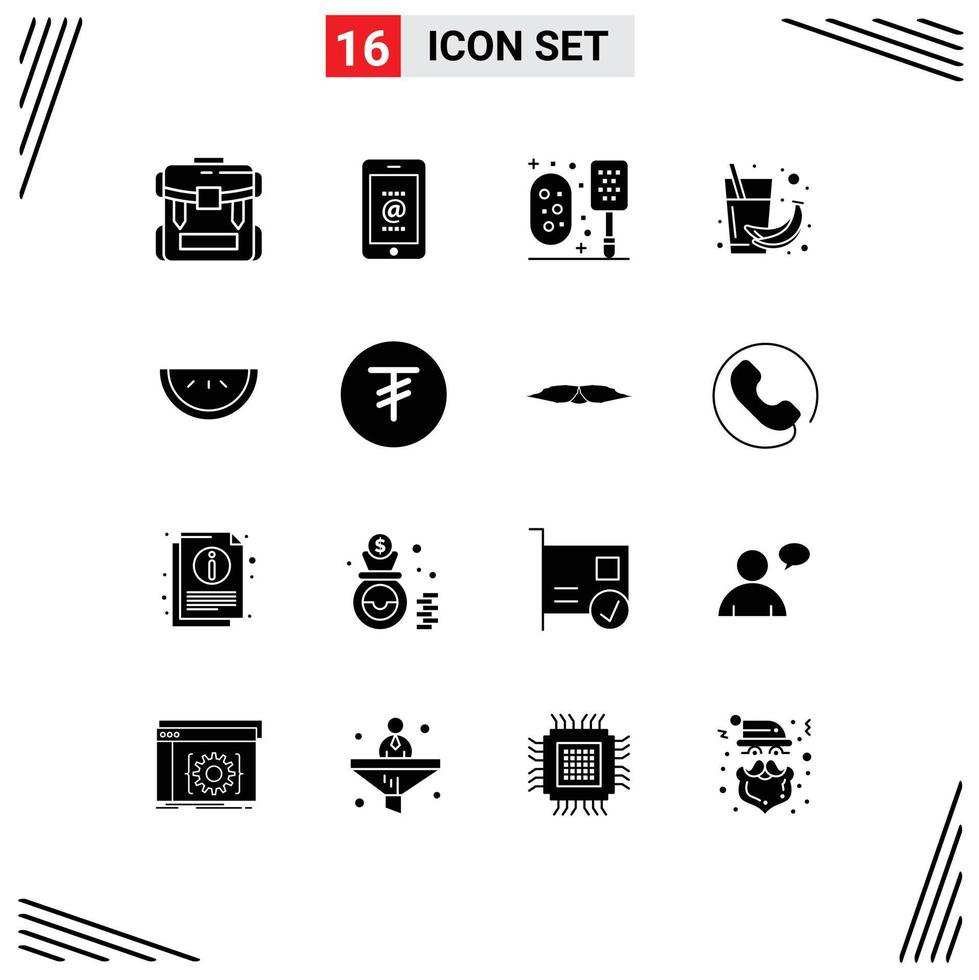 Modern Set of 16 Solid Glyphs and symbols such as juice fruit phone drink shower Editable Vector Design Elements