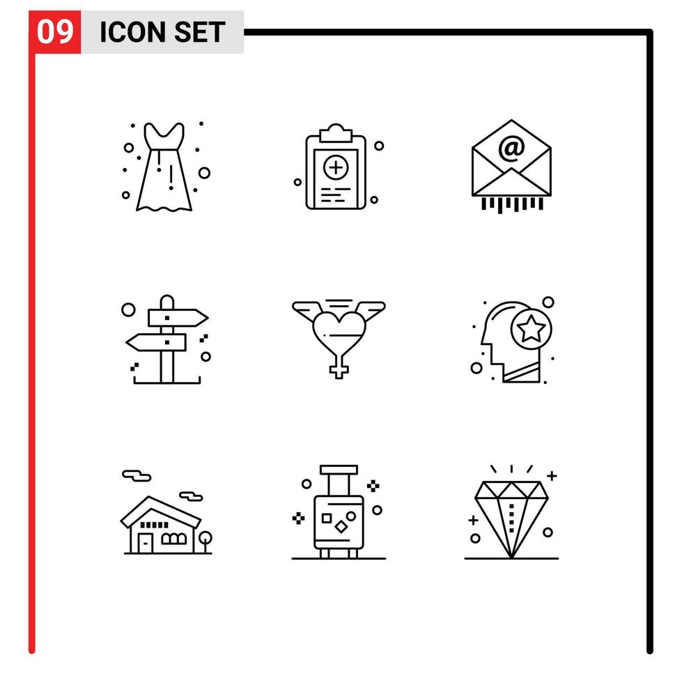 conjunto de 9 contornos vectoriales en la cuadrícula para elementos de diseño de vectores editables de decisión de corazón de correo de alas de cabeza