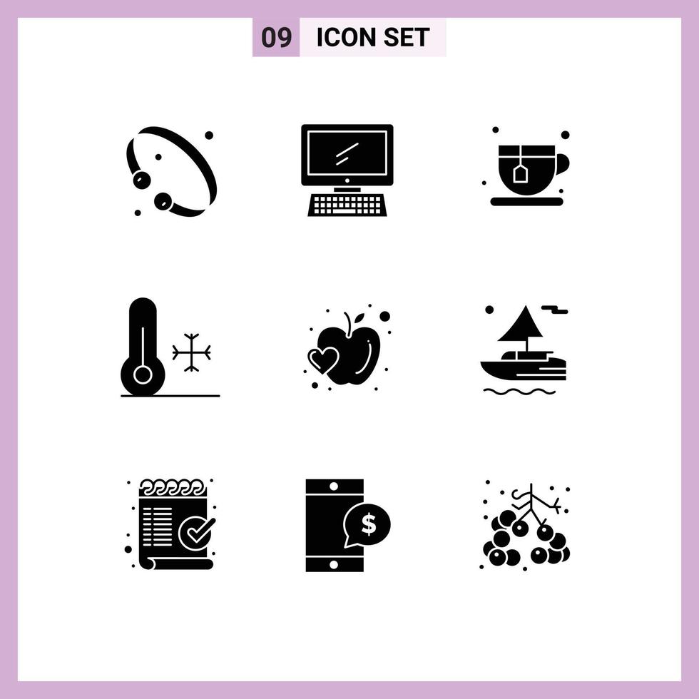 Universal Icon Symbols Group of 9 Modern Solid Glyphs of apple thermometer imac temperature coffee Editable Vector Design Elements