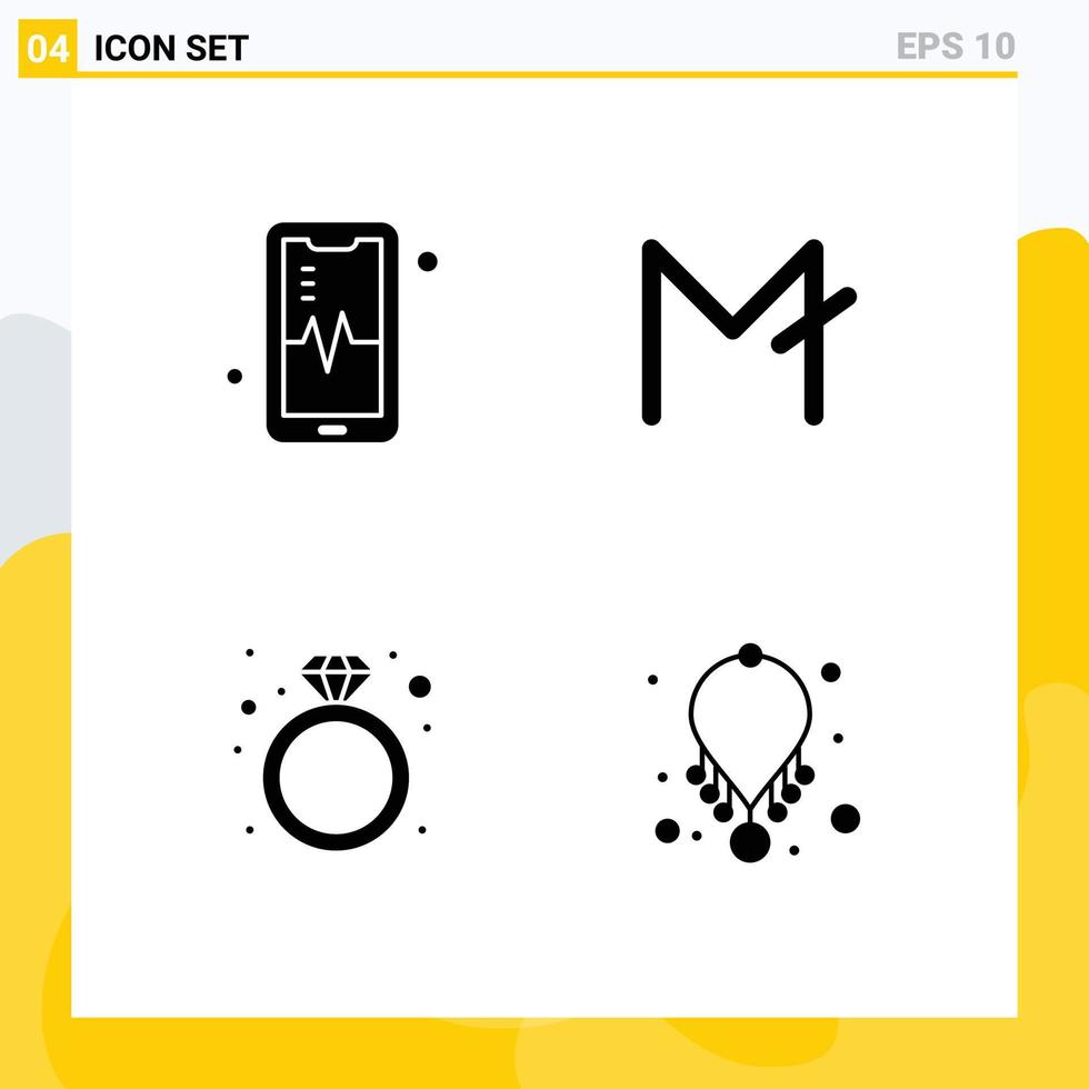 Modern Set of 4 Solid Glyphs Pictograph of phone ring moon coin crypto currency accessories Editable Vector Design Elements