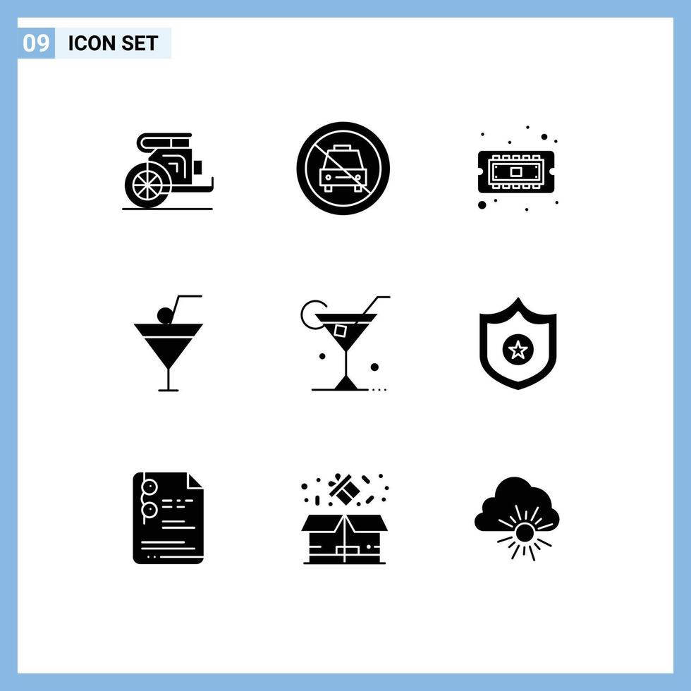Modern Set of 9 Solid Glyphs and symbols such as glass food and restaurant off drink cpu Editable Vector Design Elements