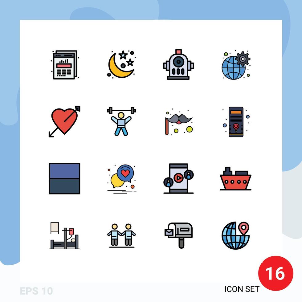 Universal Icon Symbols Group of 16 Modern Flat Color Filled Lines of love arrow fire settings global Editable Creative Vector Design Elements