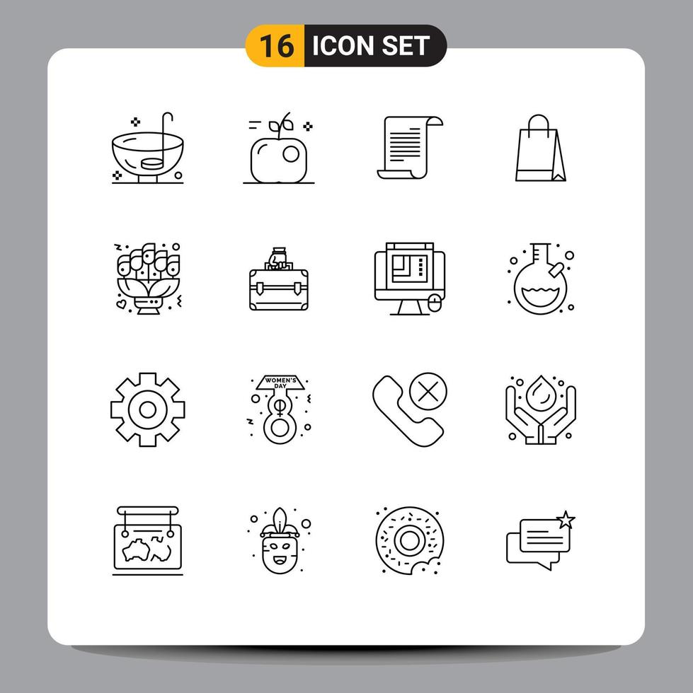 Set of 16 Modern UI Icons Symbols Signs for bouquet shopping science hand bag usa Editable Vector Design Elements
