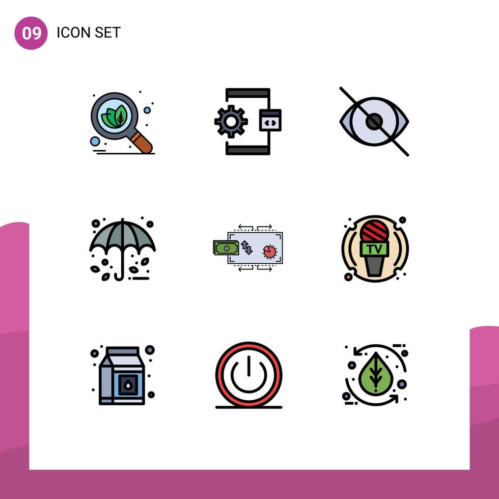 Mobile Interface Filledline Flat Color Set of 9 Pictograms of finance rain eye protection human Editable Vector Design Elements