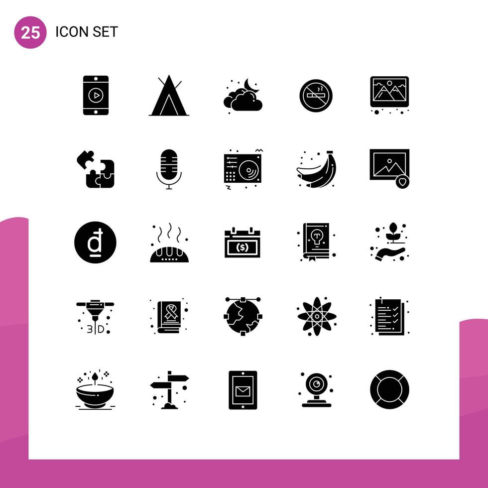 Set of 25 Commercial Solid Glyphs pack for picture frame cloudy hotel smoking Editable Vector Design Elements