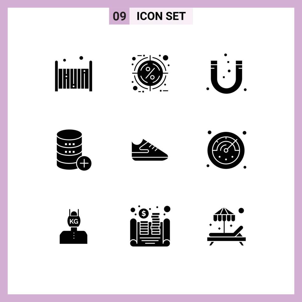 Pack of 9 Modern Solid Glyphs Signs and Symbols for Web Print Media such as storage server target database magnetic Editable Vector Design Elements