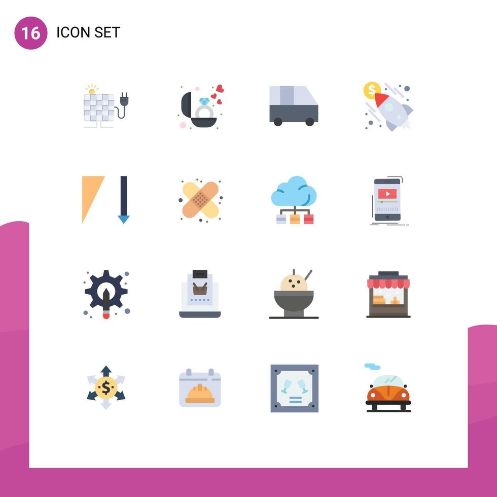 conjunto de 16 colores planos vectoriales en la cuadrícula para ordenar la entrega de dinero van cohete empresarial paquete editable de elementos creativos de diseño vectorial vector