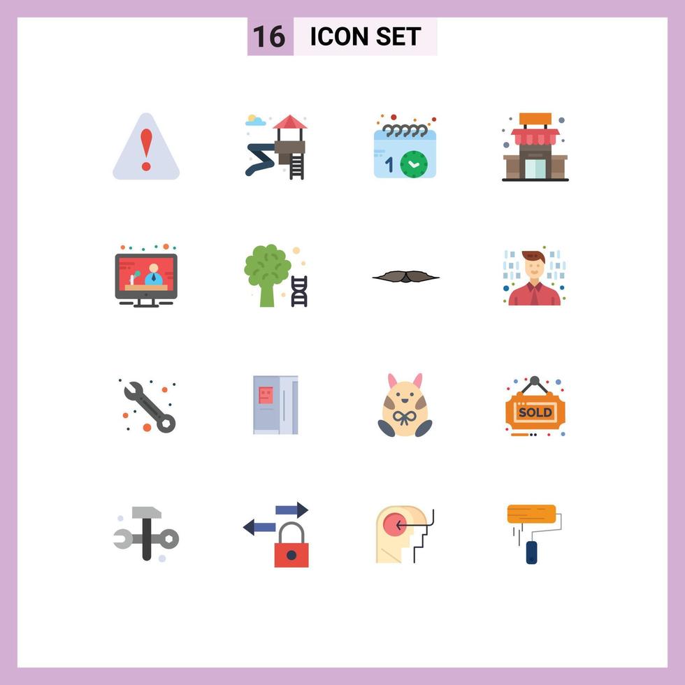 Pictogram Set of 16 Simple Flat Colors of knowledge media schedule communication store Editable Pack of Creative Vector Design Elements