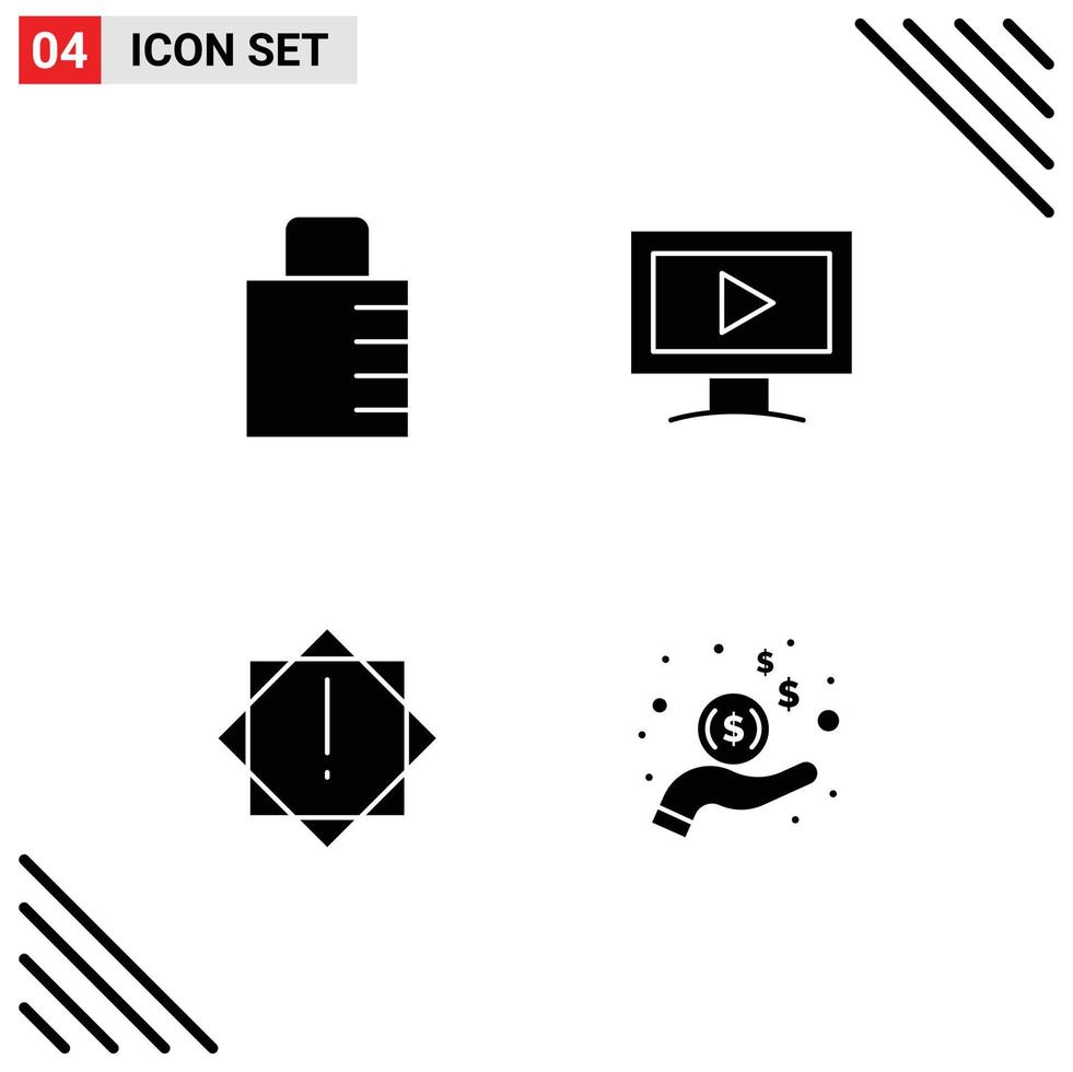 Set of 4 Vector Solid Glyphs on Grid for key warning security video income Editable Vector Design Elements