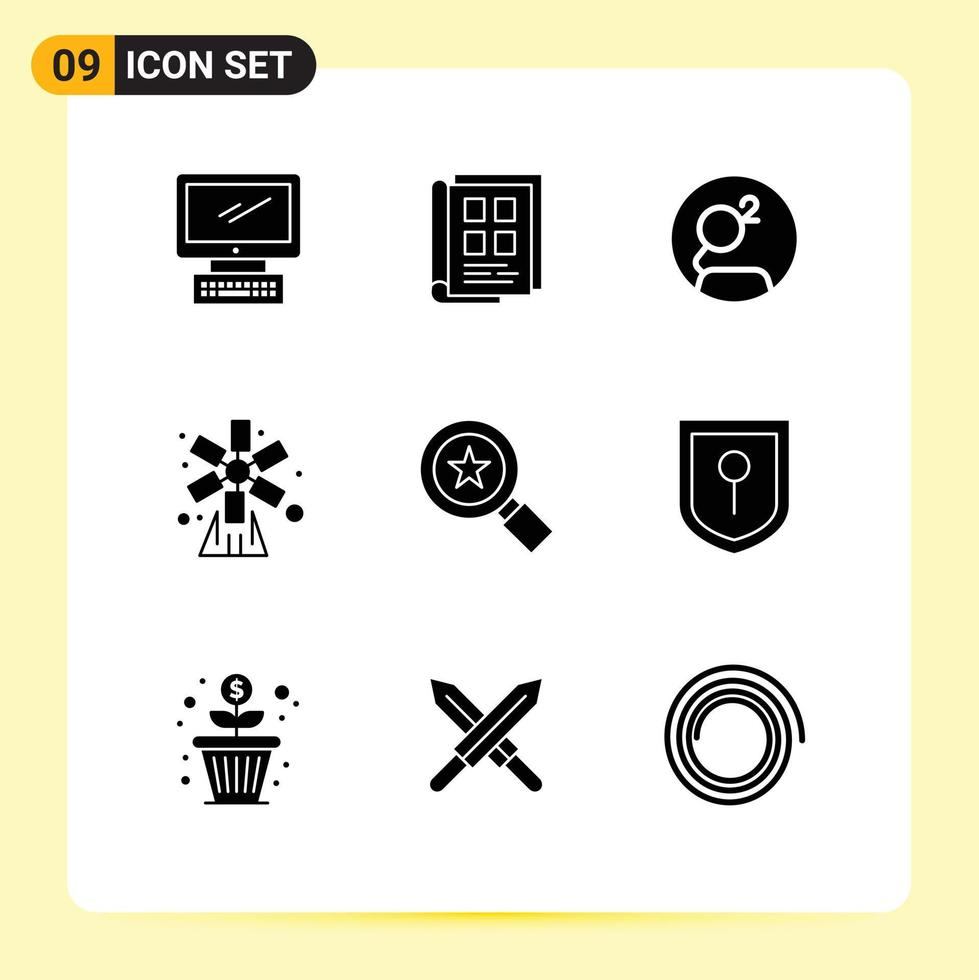 Pack of 9 Modern Solid Glyphs Signs and Symbols for Web Print Media such as nature farming notebook agriculture crypto Editable Vector Design Elements