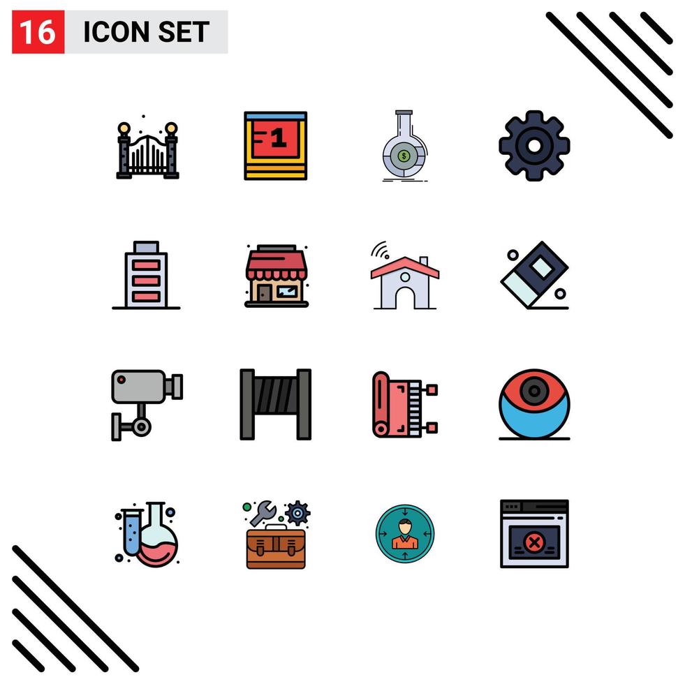 Group of 16 Flat Color Filled Lines Signs and Symbols for interface multimedia analytics media player gear Editable Creative Vector Design Elements