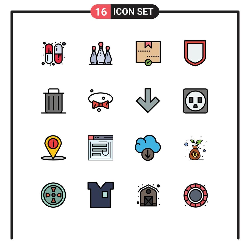Set of 16 Commercial Flat Color Filled Lines pack for garbage shield approve security parcel Editable Creative Vector Design Elements