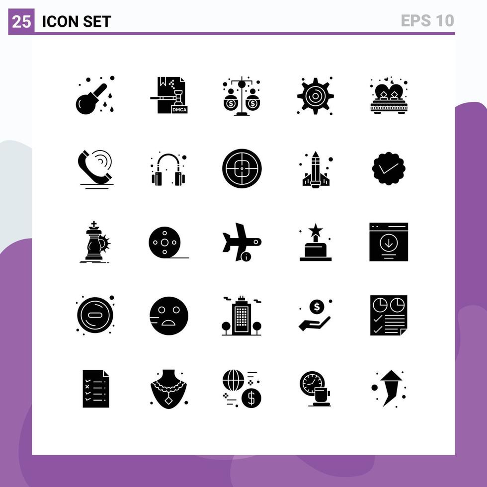 Pack of 25 creative Solid Glyphs of settings cogwheel dmca income fund Editable Vector Design Elements