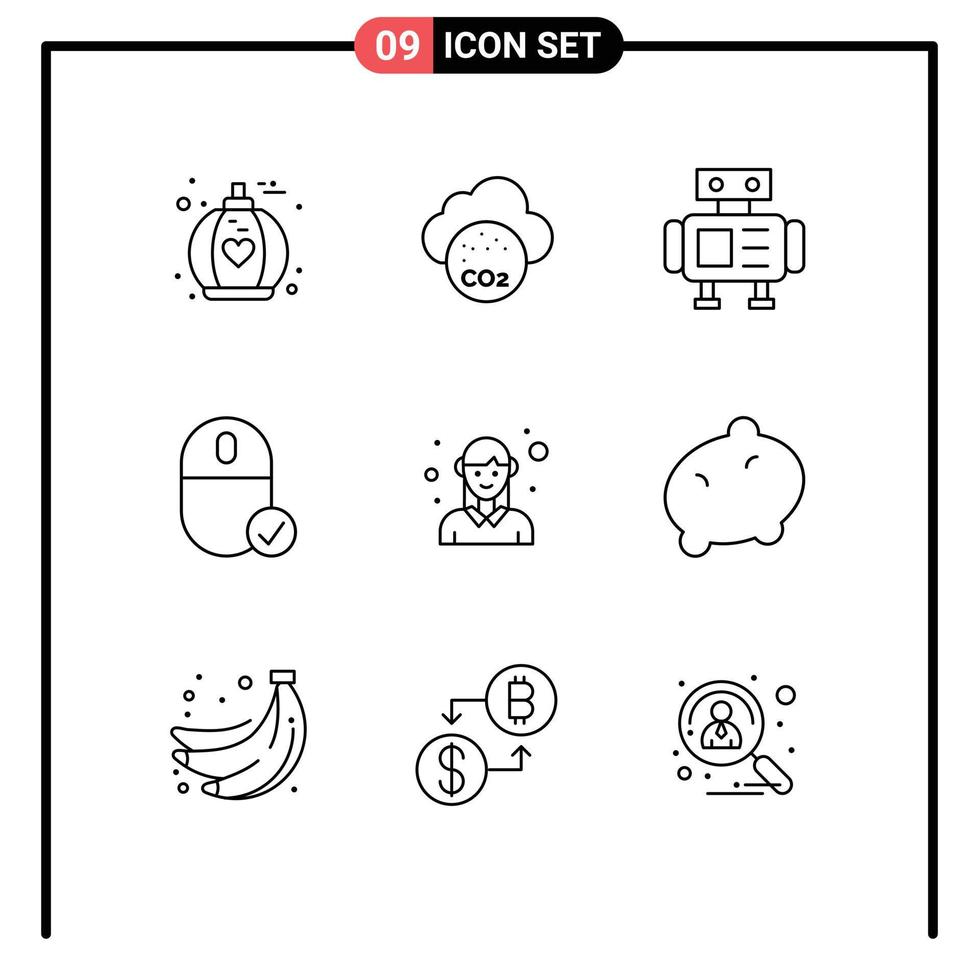 Pack of 9 Modern Outlines Signs and Symbols for Web Print Media such as female avatar science hardware devices Editable Vector Design Elements