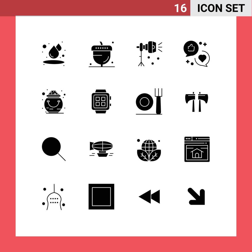 Pack of 16 creative Solid Glyphs of marketing like illumination communication studio light Editable Vector Design Elements