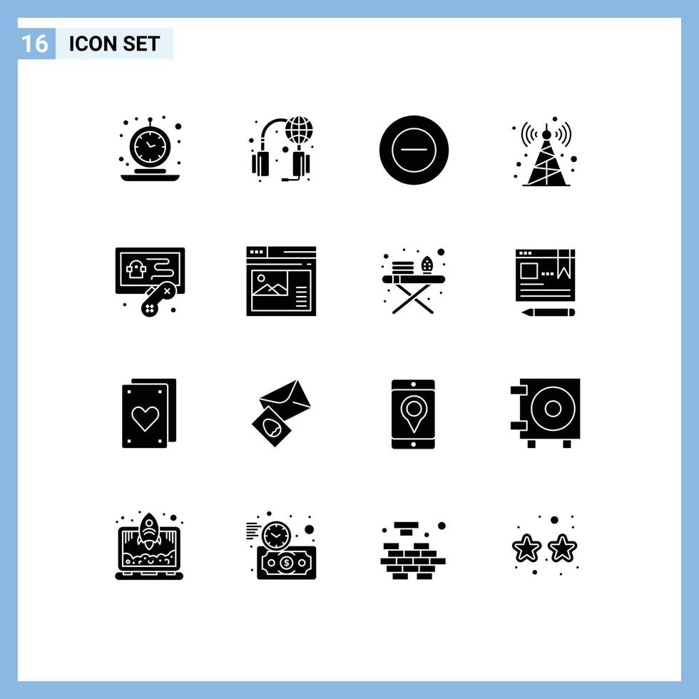 Pack of 16 Modern Solid Glyphs Signs and Symbols for Web Print Media such as game hobbies world tower communication tower Editable Vector Design Elements