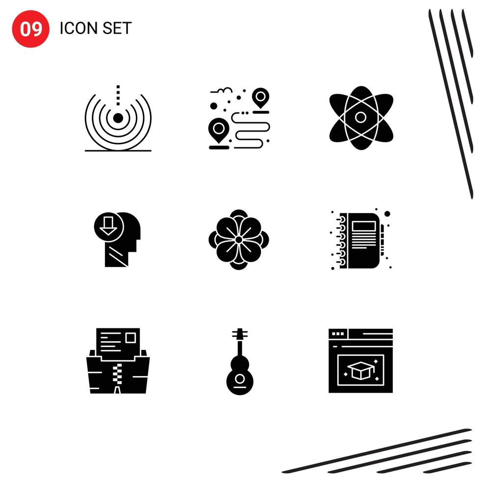 paquete de 9 signos y símbolos de glifos sólidos modernos para medios de impresión web, como elementos de diseño de vectores editables de ciencia de cabeza de camino humano