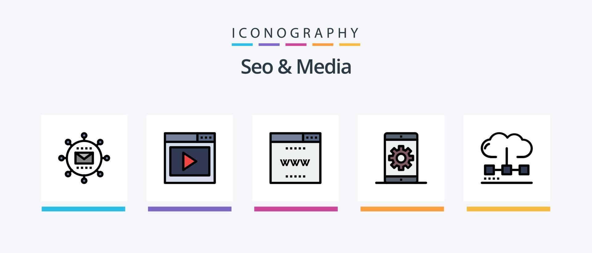 Seo and Media Line Filled 5 Icon Pack Including seo. media. optimization. engine. interface search engine. Creative Icons Design vector