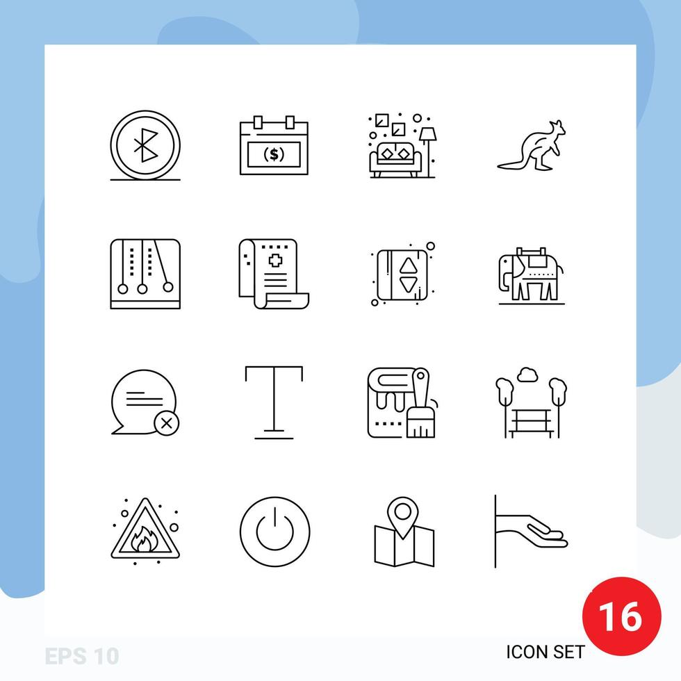 paquete de 16 signos y símbolos de contornos modernos para medios de impresión web, como canguro, dinero australiano, sofá de australia, elementos de diseño de vectores editables