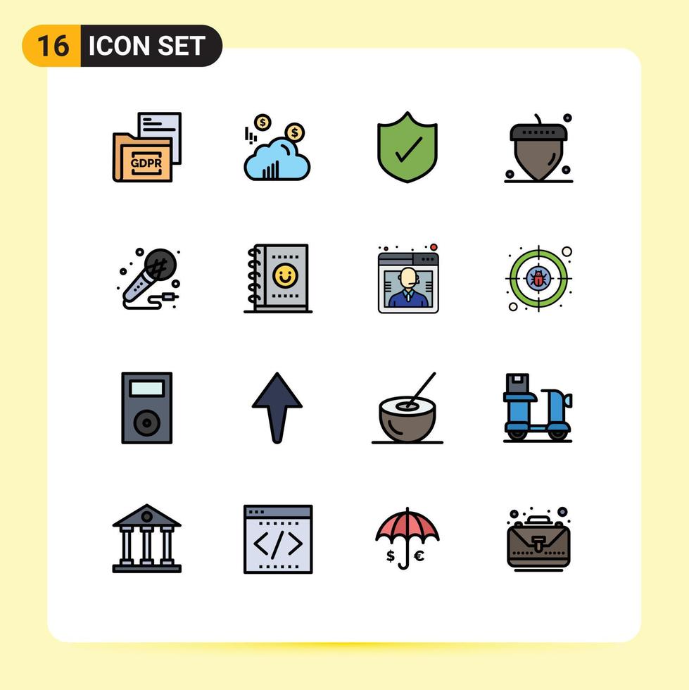 Pictogram Set of 16 Simple Flat Color Filled Lines of studio microphone antivirus mic oak nut Editable Creative Vector Design Elements