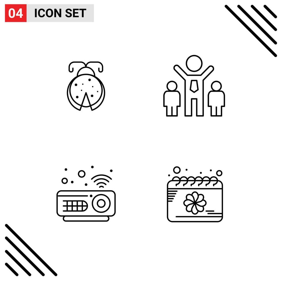 Group of 4 Filledline Flat Colors Signs and Symbols for beetle projector ladybug people date Editable Vector Design Elements