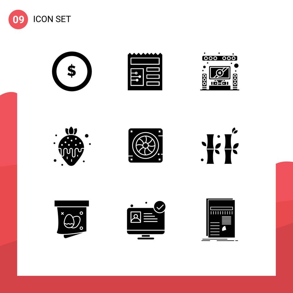 Pack of 9 creative Solid Glyphs of fan computer home strawberry fondue food Editable Vector Design Elements