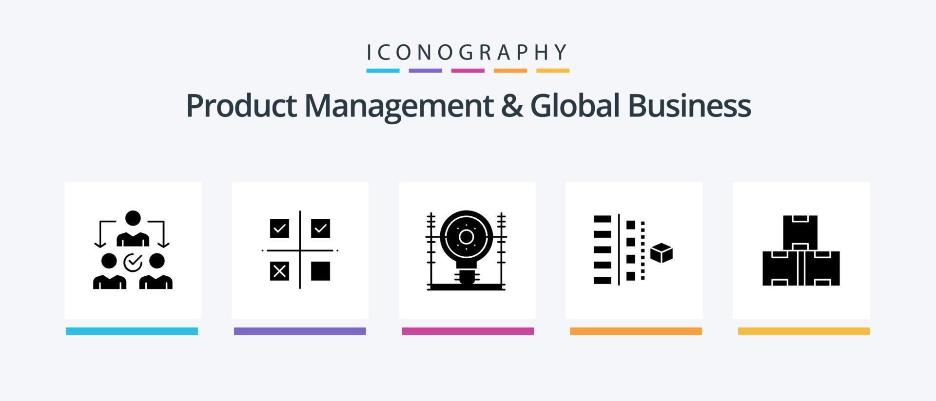 Product Managment And Global Business Glyph 5 Icon Pack Including planning. phases. production. development. generation. Creative Icons Design vector