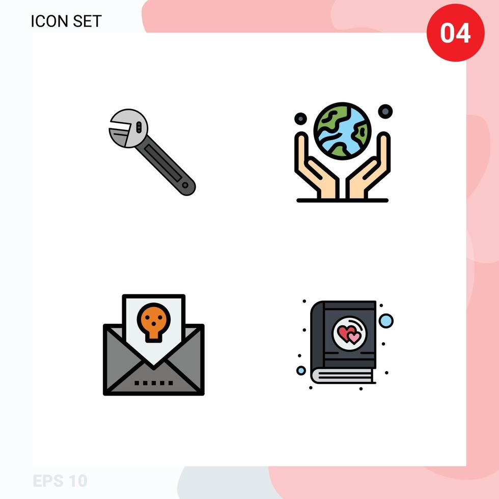 Mobile Interface Filledline Flat Color Set of 4 Pictograms of wrench protection spanner globe in hand envelope Editable Vector Design Elements