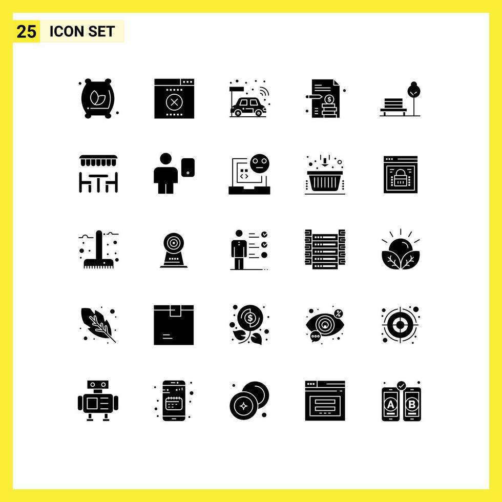 25 signos universales de glifos sólidos símbolos de silla de hotel cpu banch papel comercial elementos de diseño vectorial editables vector