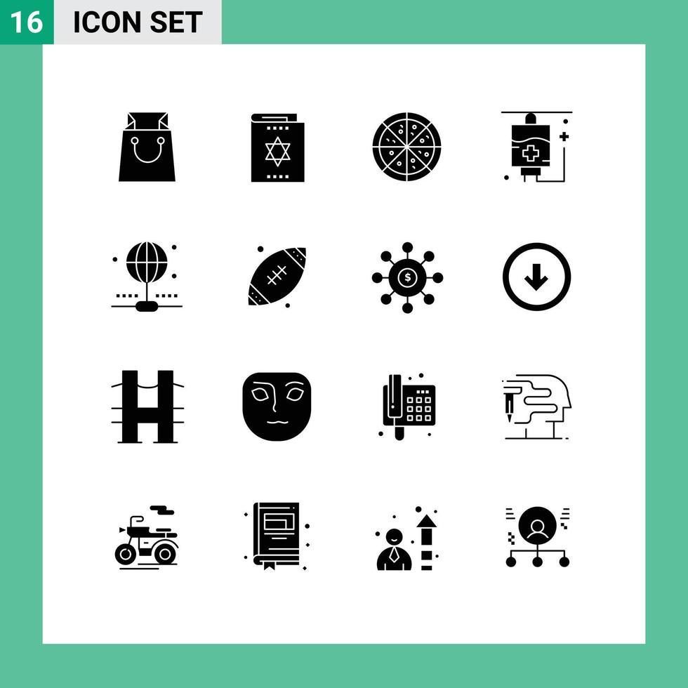 Pack of 16 creative Solid Glyphs of rugby share fast food internet medical Editable Vector Design Elements