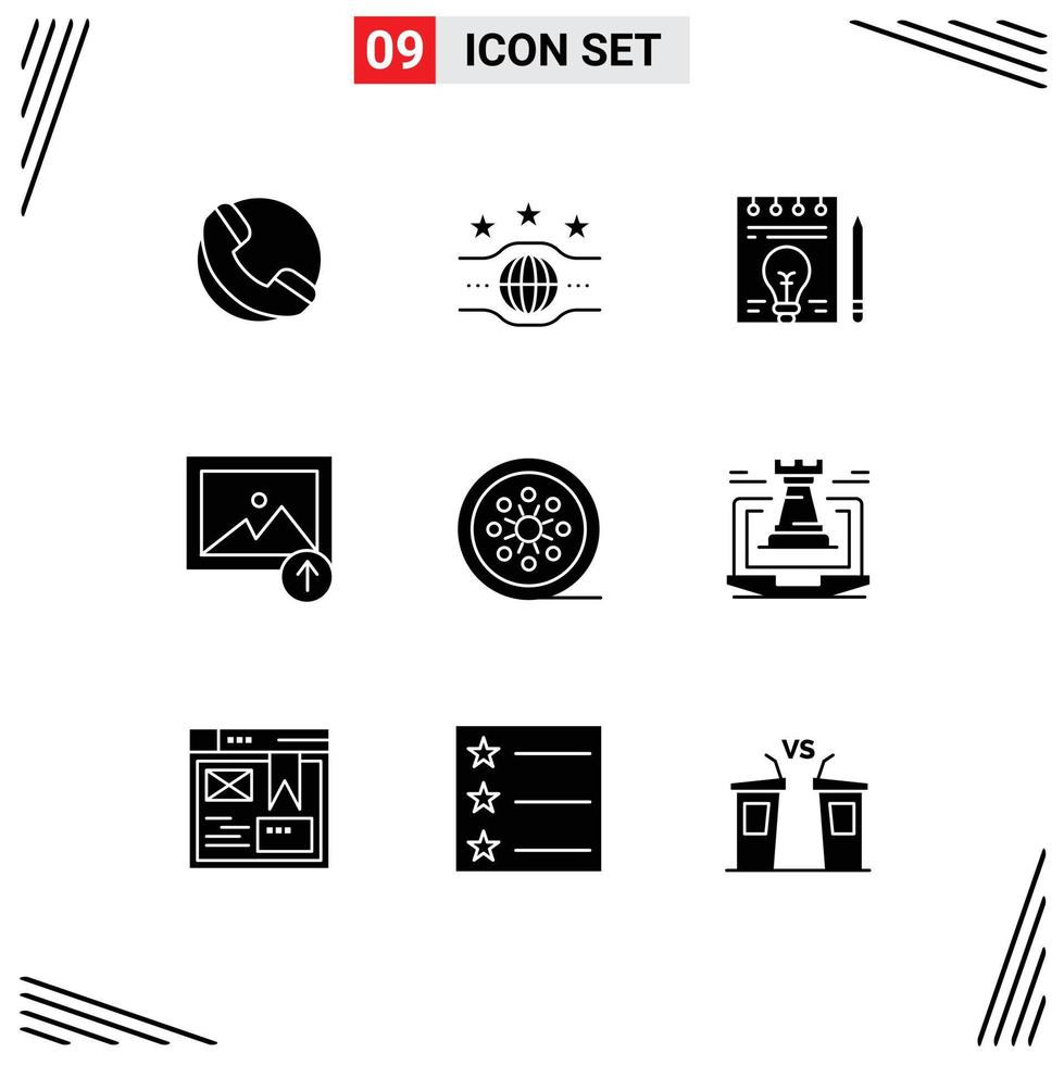 Set of 9 Modern UI Icons Symbols Signs for tape reel film reel document black film photo Editable Vector Design Elements
