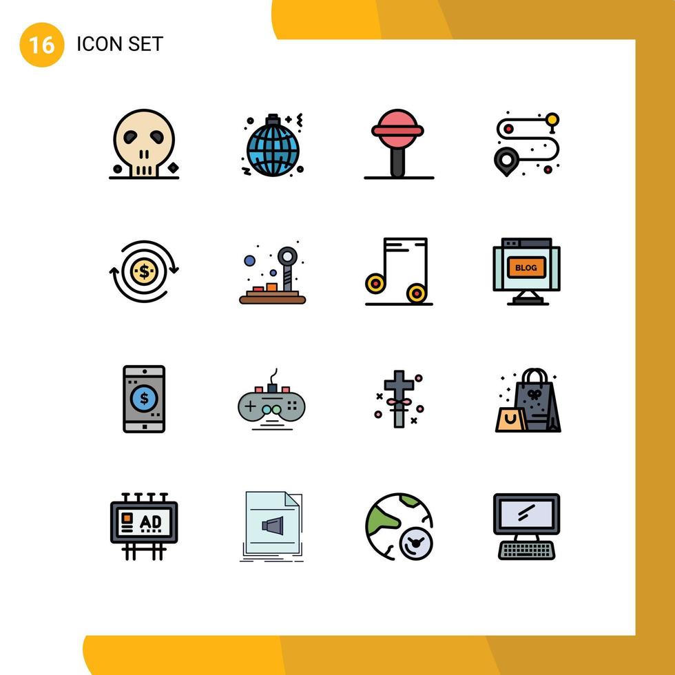 Modern Set of 16 Flat Color Filled Lines and symbols such as flow route world road toy Editable Creative Vector Design Elements