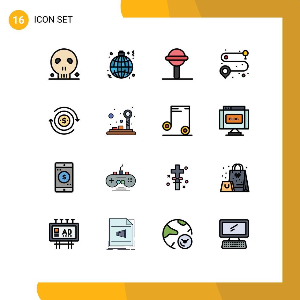 conjunto moderno de 16 líneas y símbolos rellenos de colores planos, como elementos de diseño de vectores creativos editables de juguete de carretera mundial de ruta de flujo