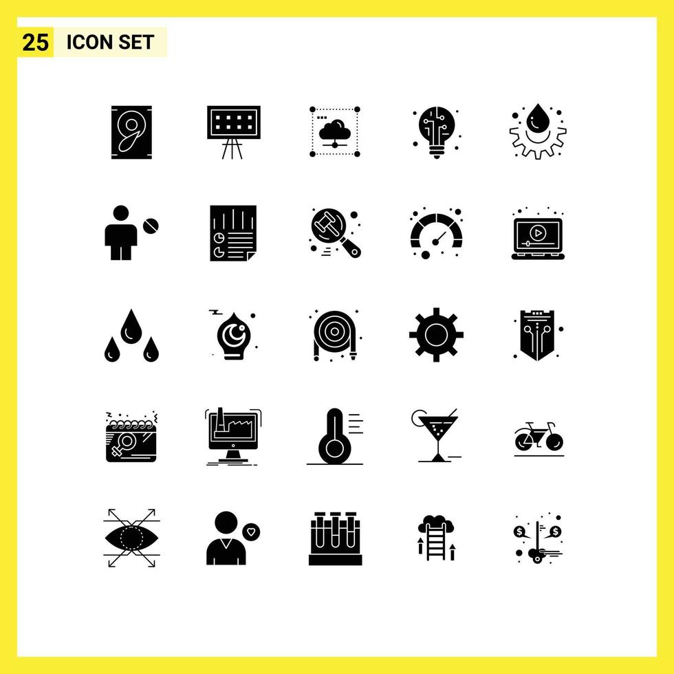 Pack of 25 Modern Solid Glyphs Signs and Symbols for Web Print Media such as drop energy share bulb digital Editable Vector Design Elements