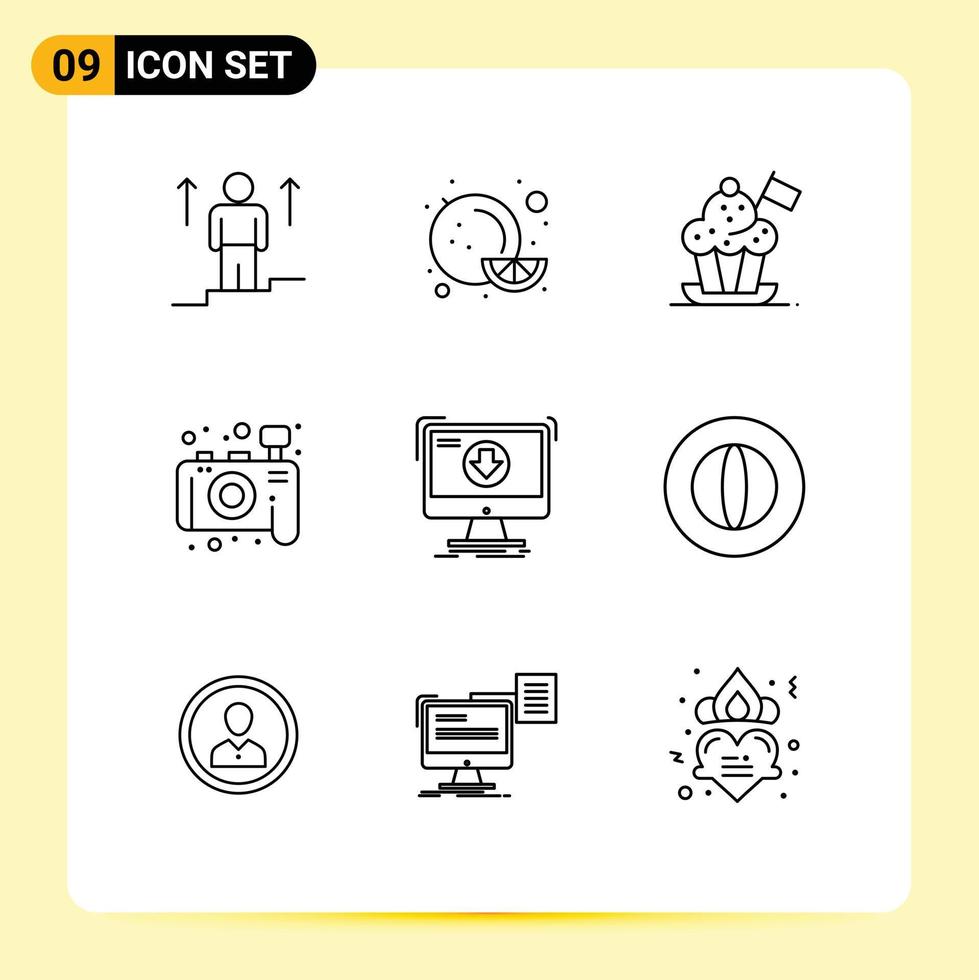 9 Universal Outlines Set for Web and Mobile Applications content photography chef photo flag Editable Vector Design Elements