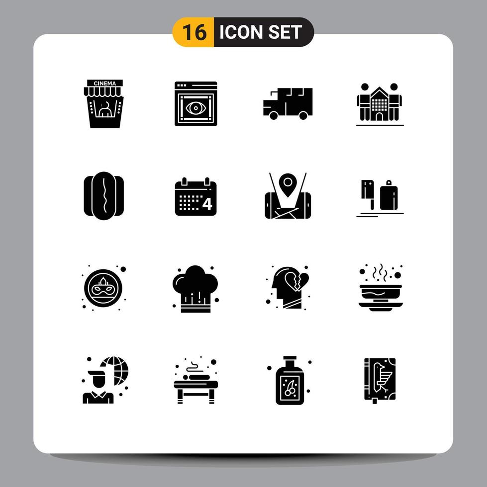 Set of 16 Commercial Solid Glyphs pack for food home bus friends culture Editable Vector Design Elements