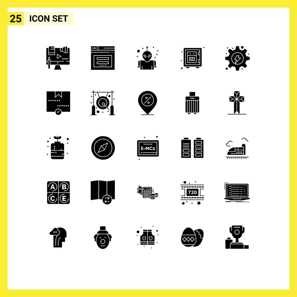 Set of 25 Commercial Solid Glyphs pack for electrical safe website money space Editable Vector Design Elements