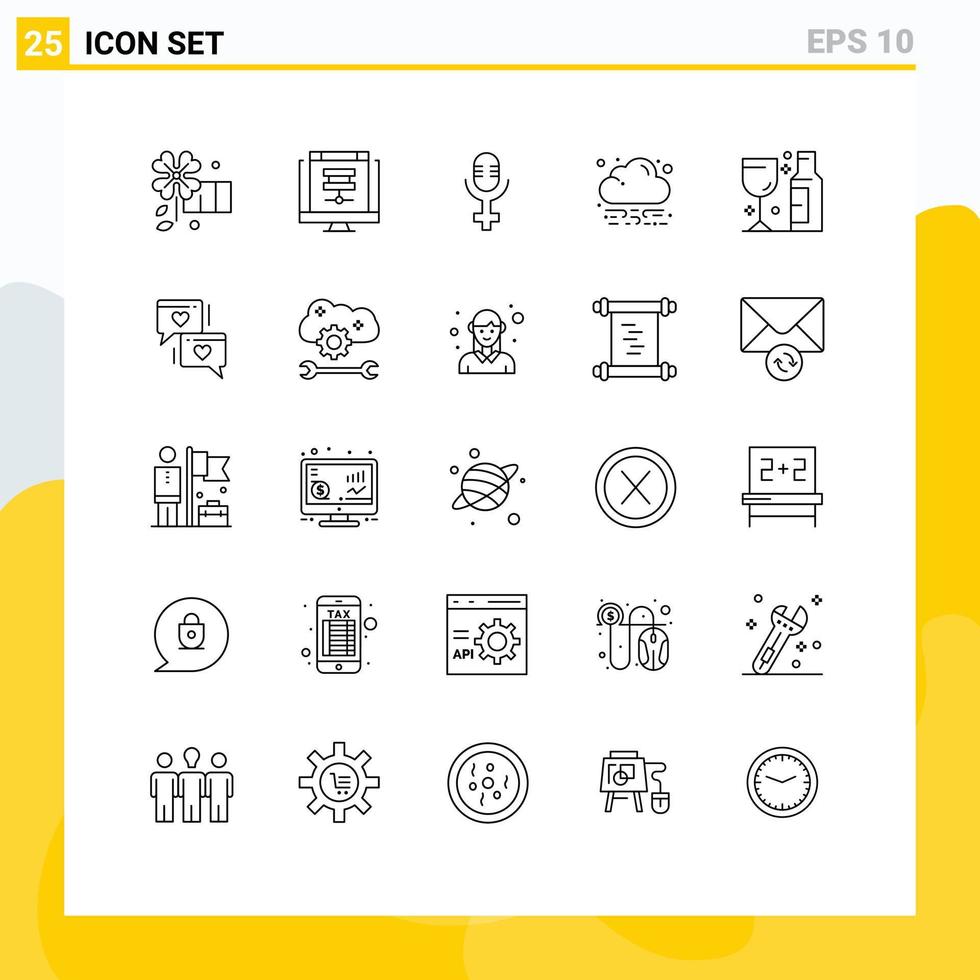 Group of 25 Lines Signs and Symbols for chat party microphone glass cloud Editable Vector Design Elements