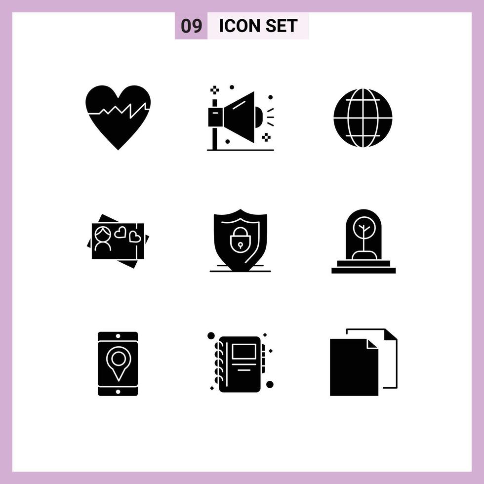 Mobile Interface Solid Glyph Set of 9 Pictograms of security shield globe internet love Editable Vector Design Elements