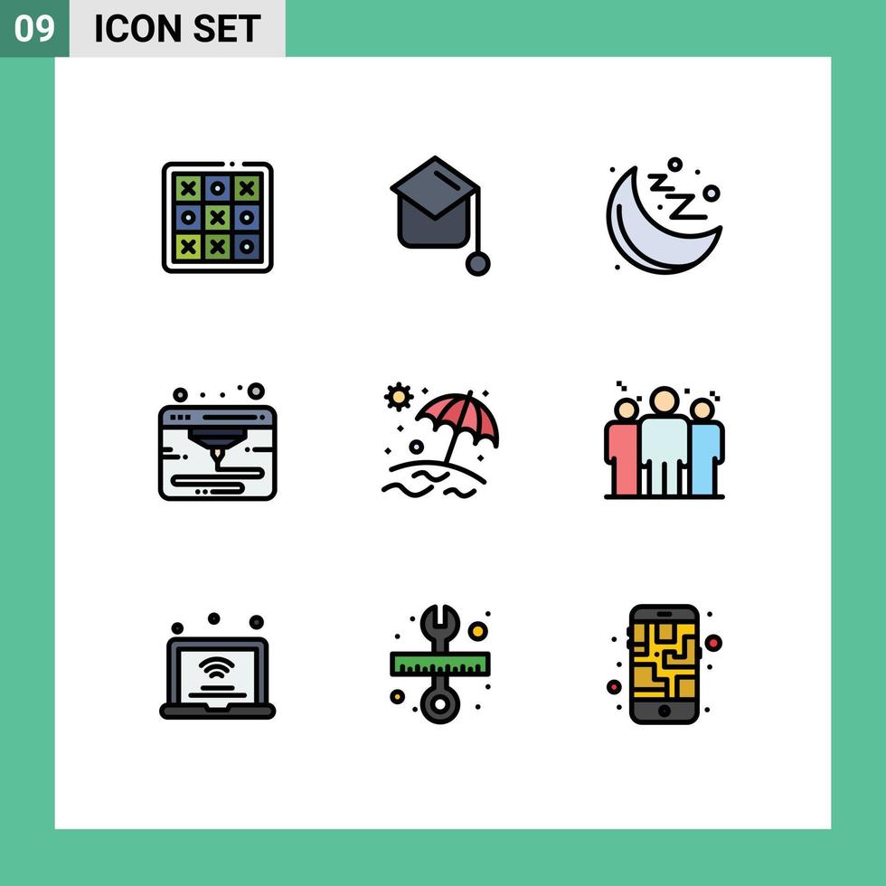 9 iconos creativos signos y símbolos modernos de vacaciones sombrero de playa impresora internet elementos de diseño vectorial editables vector