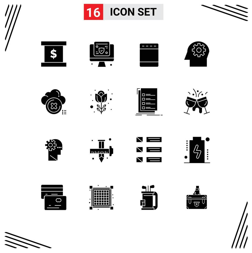 Pack of 16 Modern Solid Glyphs Signs and Symbols for Web Print Media such as cancel delete gas cloud mental Editable Vector Design Elements