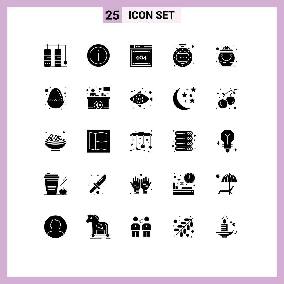 Group of 25 Solid Glyphs Signs and Symbols for luck fortune file timer clock Editable Vector Design Elements