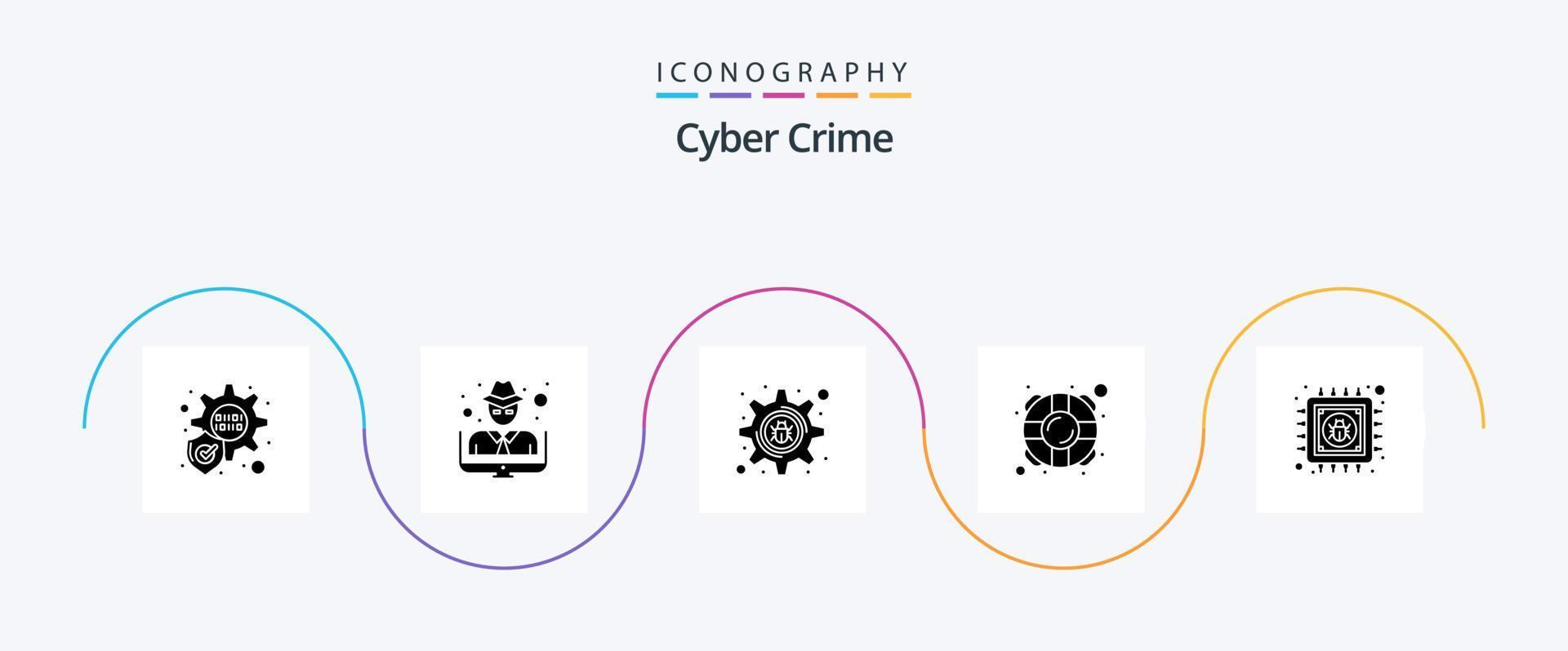 Cyber Crime Glyph 5 Icon Pack Including information. chip. setting bug. antivirus. saver vector